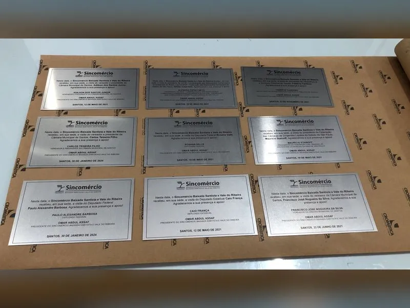 Placa de sinalização em alumínio com impressão UV para o Sindicato do Comércio Varejista — Cromatica Comunicação Visual, Santos/SP